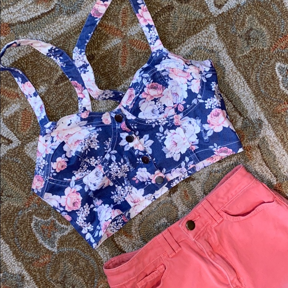 Pacsun denim floral crop top
